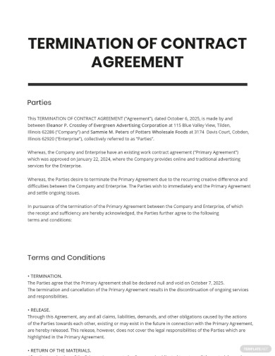 Termination of Contract Agreement Template