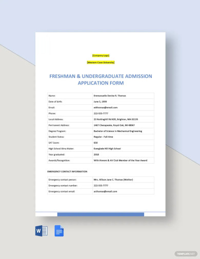 University Application Form Template