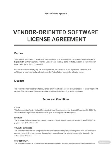 Vendor Oriented Software License Agreement Template