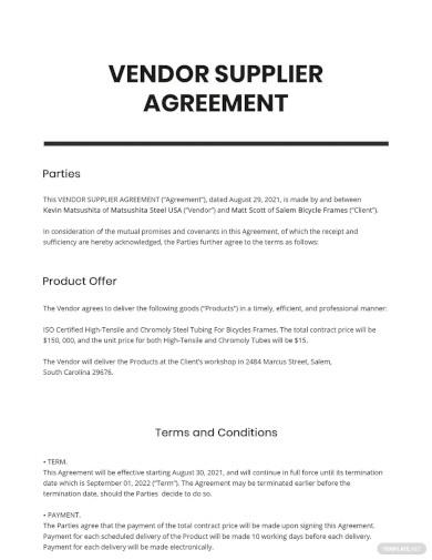 Vendor Supplier Agreement Template