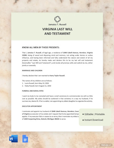 Virginia Last Will And Testament Template