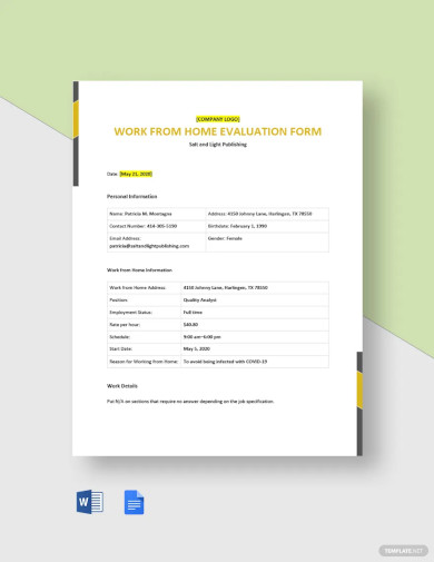 Work From Home Evaluation Form Template