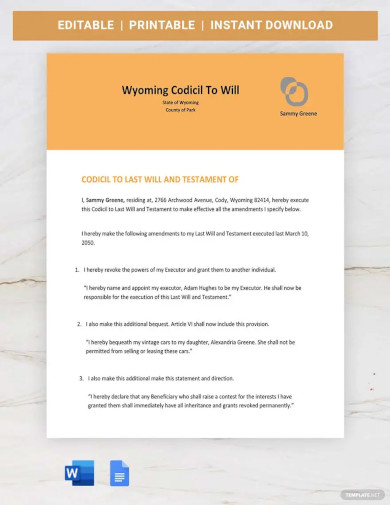 Wyoming Codicil To Will Template