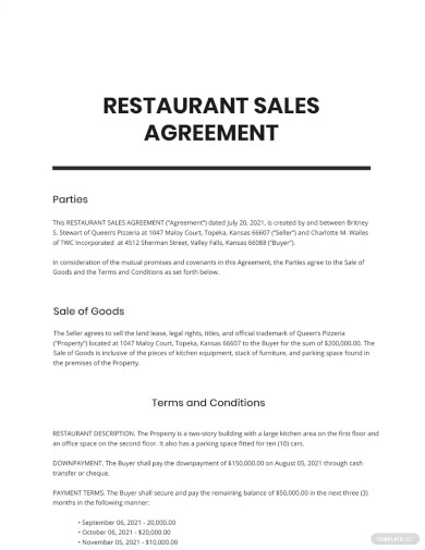 Restaurant Sales Agreement Template