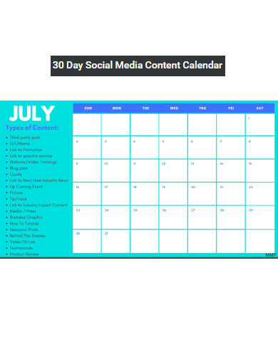 30 Day Social Media Content Calendar