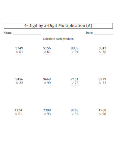 4 Digit by 2 Digit Multiplication Worksheet