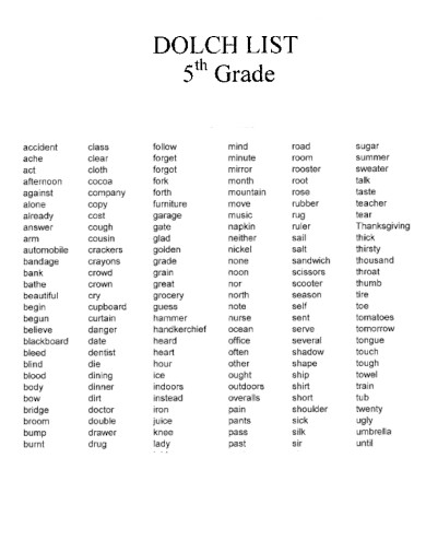 5th Grade Dolch Word List