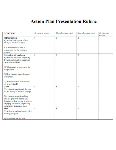 Action Plan Presentation Rubric