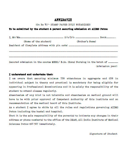 Affidavit for Undertaking of Student