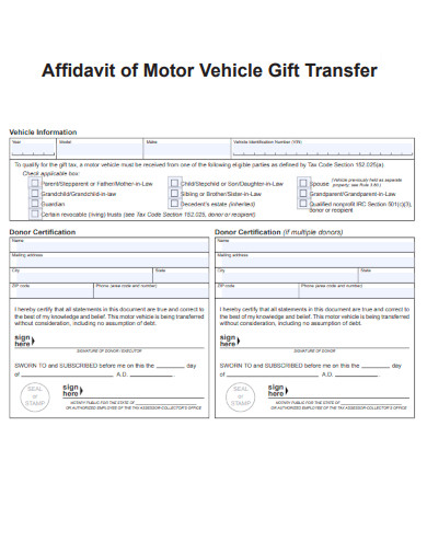 Affidavit of Motor Vehicle Gift Transfer