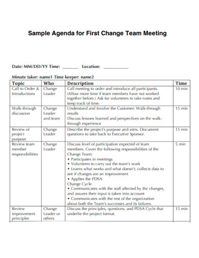Agenda for First Change Team Meeting