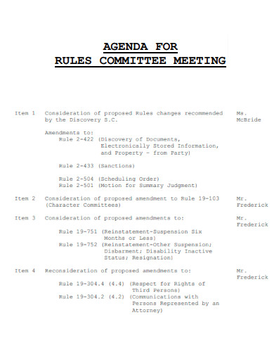 Agenda for Rules Committee Meeting