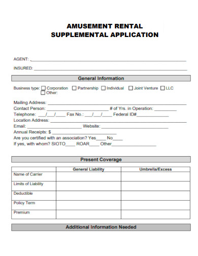 Amusement Rental Supplement Application