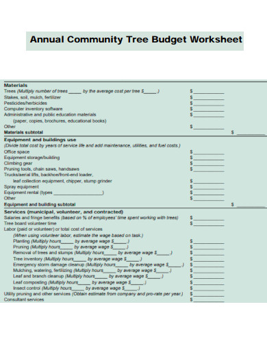 Annual Community Tree Budget Worksheet