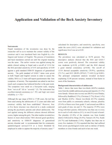 Application and Validation of the Beck Anxiety Inventory