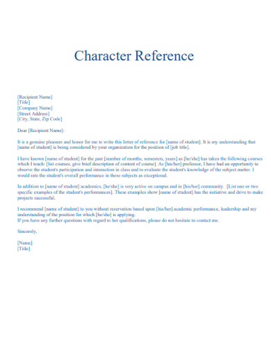 Basic Character Reference Letter