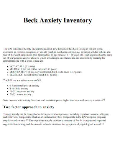 Beck Anxiety Inventory Approach
