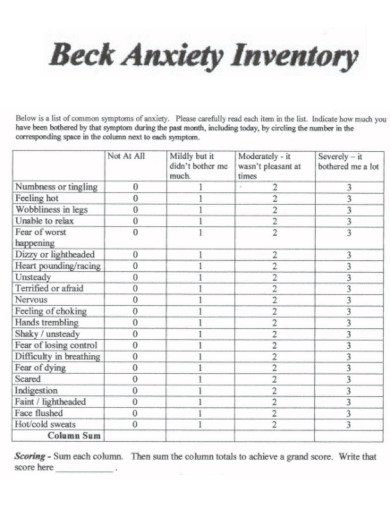 Beck Anxiety Inventory Example
