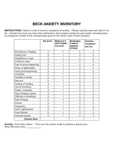 Beck Anxiety Inventory in PDF