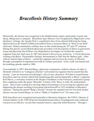 Brucellosis History Summary