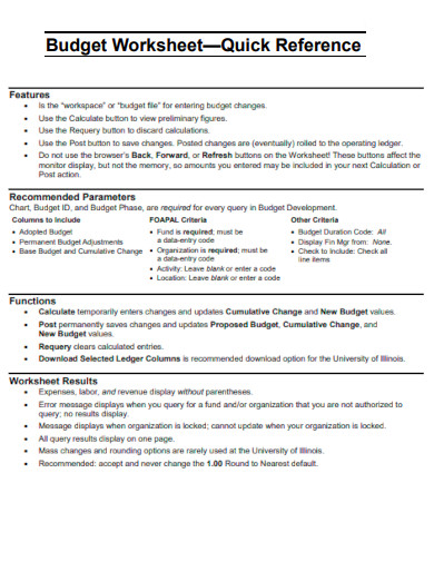 Budget Worksheet Quick Reference