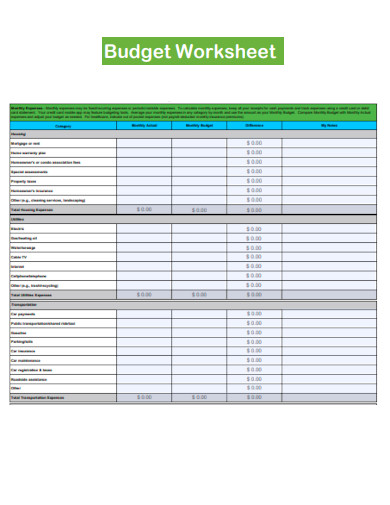 Budget Worksheet in PDF
