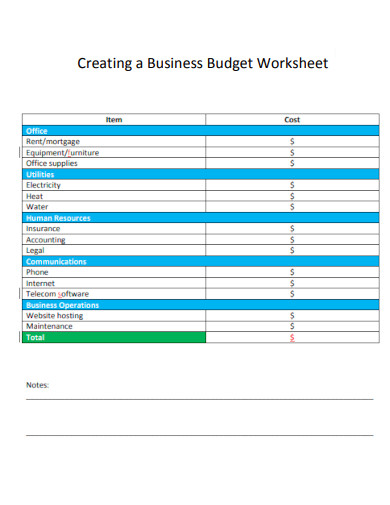 Business Budget Worksheet