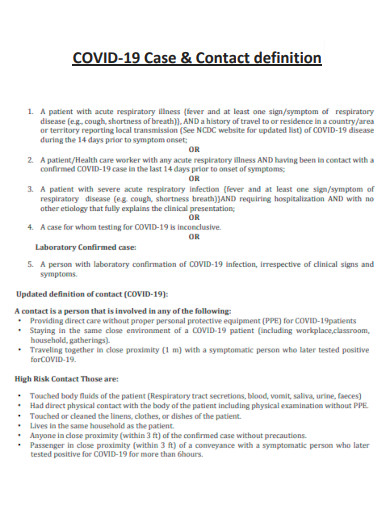 COVID 19 Case and Contact Definition
