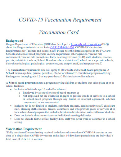 COVID 19 Requirement Vaccination Card