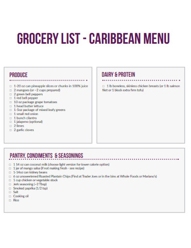 Caribbean Menu Grocery List