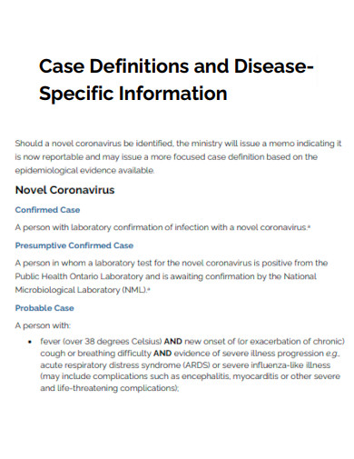 Case Definitions and Disease Specific Information