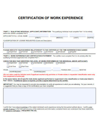 Certification of Work Experience