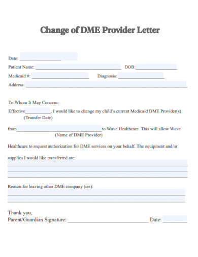 Change of DME Provider Letter