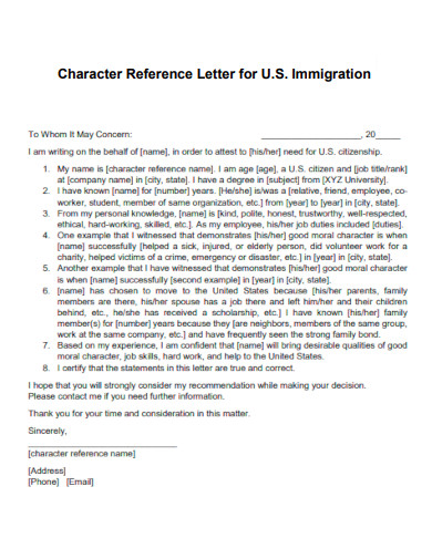 Character Reference Letter for US Immigration