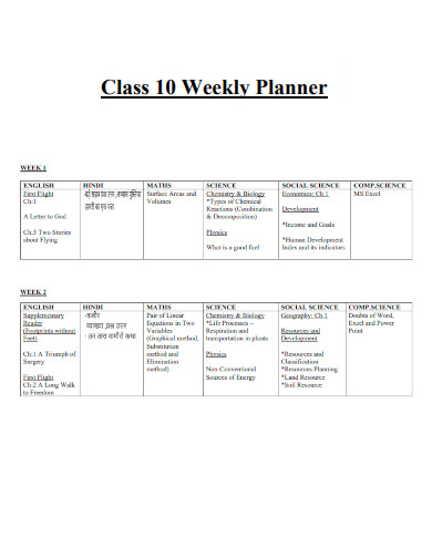 Class 10 Weekly Planner