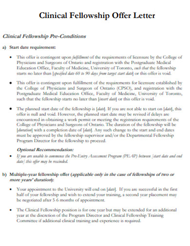 Clinical Fellowship Offer Letter