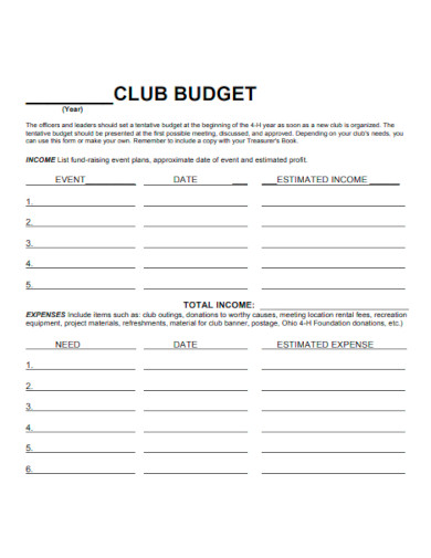 Club Budget Worksheet