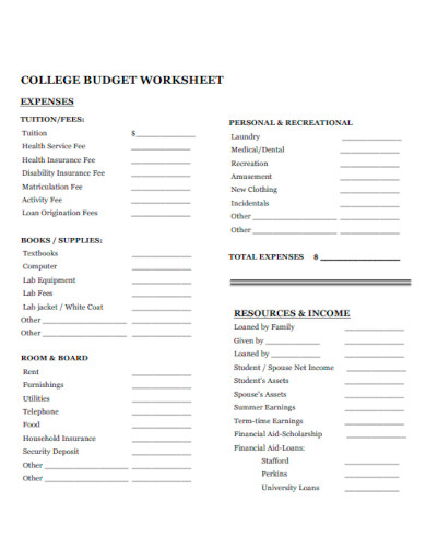 College Budget Worksheet