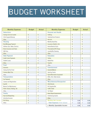 Common Categories Budget Worksheet