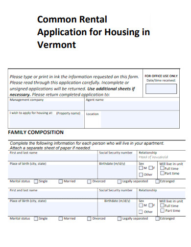 Common Rental Application for Housing in Vermont
