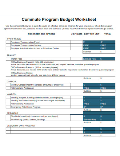 Commute Program Budget Worksheet