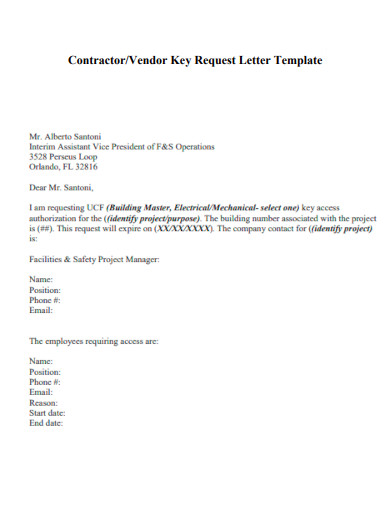 Contractor Vendor Key Request Letter Template
