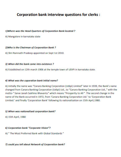 Corporation Bank Interview Questions for Clerks