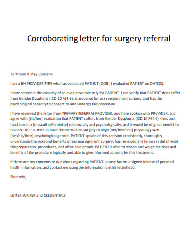 Corroborating Letter for Surgery Referral