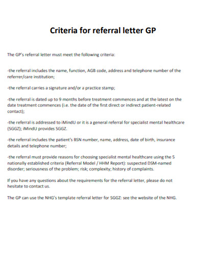 Criteria for Referral Letter GP