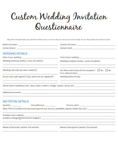 Custom Wedding Invitation Questionnaire
