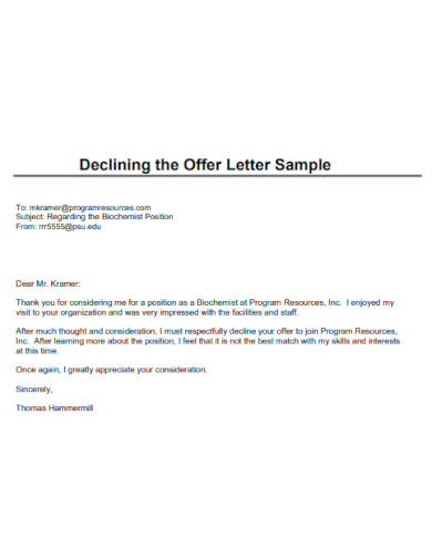 Declining Offer Letter