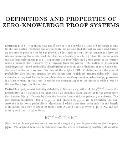 Definition and Properties Zero Knowledge Proof System