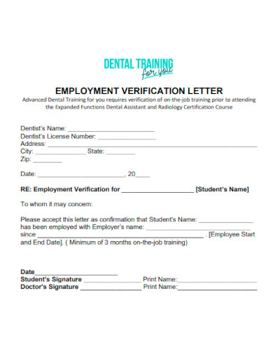 Dental Training Employment Verification Letter