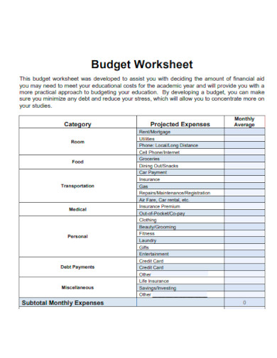Develop Budget Worksheet 